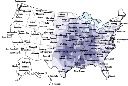 <strong>This figure shows the distribution of _______ occurrence in the United States.  </strong> A)thunderstorm B)tornado C)wave cyclone D)hurricane <div style=padding-top: 35px> 