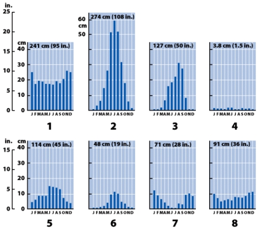 <strong>The graph that best depicts the seasonal variability in precipitation found in the wet-dry tropical precipitation regime is number ____.  </strong> A)1 B)2 C)3 D)4 <div style=padding-top: 35px> 