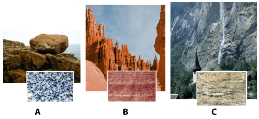 <strong>Which rock sample is formed from cooling and solidifying magma? </strong> A)sample A B)sample B C)sample C D)none of these