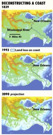 In the figure below, the Mississippi Delta will be experiencing a(n)__________ in land area in the future.