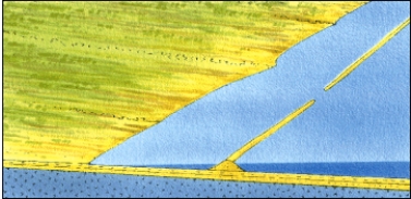 <strong>A coastal landform represented by an extension of sand from the shoreline into the open water is pictured below. It is described as a: </strong> A)lagoon B)barrier island C)spit D)marine terrace E)wavecut cliff