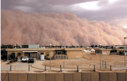 <strong>Which of the following particle sizes composes large dust storms that extend hundreds of meters off the ground as in the one pictured below? </strong> A)pebbles B)fine dust C)sand D)sand and pebbles E)gravel
