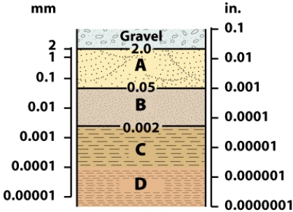 <strong>On the illustration, the letter that represents colloid-sized particles is:  </strong> A)A B)B C)C D)D <div style=padding-top: 35px> 