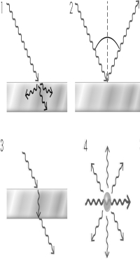 Please label the figure below with different interactions of light with matter.Please describe what is happening with each interaction.
