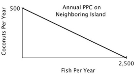 You are the Minister of Trade for a small island country with the following annual PPC:   You are negotiating a trade agreement with a neighboring island with the following annual PPC:     As soon as you see the other island's PPC, you realize there are: