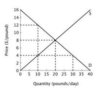 The figure below shows the supply and demand curves for oranges in Smallville. At the price of $4 per pound, sellers offer ________ pounds of oranges per day, and buyers want to purchase ________ pounds of oranges a day.