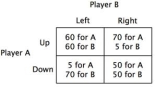 <strong>Consider the accompanying payoff matrix. Suppose both players make their choices simultaneously and independently. What is the Nash equilibrium of this game?</strong> A)Player A chooses Down and player B chooses Left. B)Player A chooses Up and player B chooses Right. C)Player A chooses Up and player B chooses Left. D)Player A chooses Down and player B chooses Right