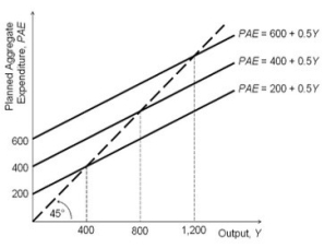<strong>Refer to the accompanying figure. Based on the figure, when PAE = 200 + 0.5Y, short-run equilibrium output equals:</strong> A)1,200. B)400. C)600. D)800.