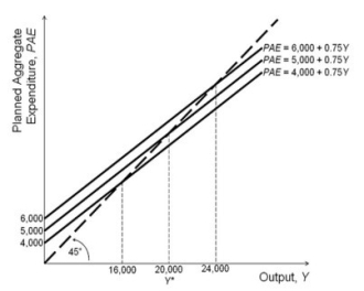 <strong>Refer to the accompanying figure. Based on the figure, and starting from an initial short-run equilibrium where output equals 20,000, if autonomous consumption spending decreases by 1,000, then the new short-run equilibrium output (Y )is equal to:</strong> A)24,000. B)16,000. C)14,000. D)22,000.