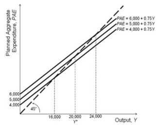 <strong>Refer to the accompanying figure. Based on the figure and starting from an initial short-run equilibrium where output equals 20,000, if autonomous consumption spending increases by 1,000, then the new short-run equilibrium output (Y)is equal to:</strong> A)24,000. B)6,000. C)14,000. D)16,000.