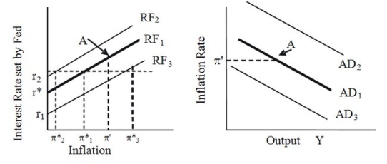 Based on the given figure, the economy is initially at point A on the monetary policy reaction function (RF₁)and the aggregate demand curve (AD₁). The actual rate of inflation is π' and the Federal Reserve's target inflation rate is π*₁.       If the Federal Reserve raises its target inflation rate to π*₃, then the Federal Reserve's monetary policy reaction function will ________ and the aggregate demand curve will ________.
