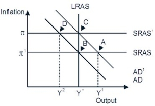 Refer to the accompanying figure.   Starting from long-run equilibrium at point C, a decrease in government spending that decreases aggregate demand from AD¹ to AD will lead to a short-run equilibrium at ________ creating ________ gap.