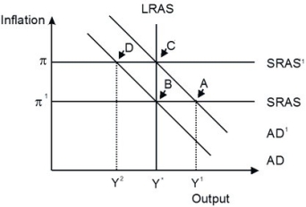 Refer to the accompanying figure.   Starting from long-run equilibrium at point C, a favorable inflation shock that decreases inflation from π to π¹ will lead to a short-run equilibrium at point ________ and eventually to a long-run equilibrium at point ________, if left to self-correcting tendencies.