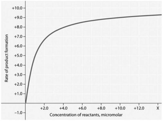 <strong> Rate of an enzyme- catalyzed reaction as a function of varying reactant concentration, with the concentration of enzyme constant. In the graph provided, why does the reaction rate plateau at higher reactant concentrations?</strong> A) The rate of the reverse reaction increases with reactant concentration. B) The reaction nears equilibrium at high reactant concentrations. C) Feedback inhibition by product occurs at high reactant concentrations. D) The activation energy for the reaction increases with reactant concentration. E) Most enzyme molecules are occupied by substrate at high reactant concentrations.