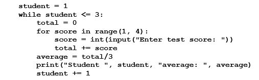 <strong>What does the following program do? </strong> A) It accepts 4 test scores for 3 students and outputs the average of the 12 scores. B) It accepts 3 test scores for each of 3 students and outputs the average for each student. C) It accepts 4 test scores for 2 students, then averages and outputs all the scores. D) It accepts one test score for each of 3 students and outputs the average of the 3 scores.