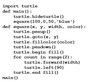 <strong>What does the following program do? </strong> A) It draws a blue square. B) It draws a blue triangle. C) It draws 2 blue lines. D) Nothing since you cannot call a function with turtle graphics.