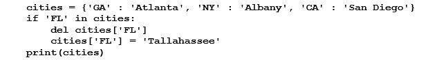 <strong>What will be displayed after the following code executes? (Note: the order of the display of entries in a dictionary are not in a specific order.) </strong> A) {'FL': 'Tallahassee'} B) KeyError C) {'CA': 'San Diego', 'NY': 'Albany', 'GA': 'Atlanta', 'FL' 'Tallahassee'} D) {'CA': 'San Diego', 'NY': 'Albany', 'GA': 'Atlanta'}