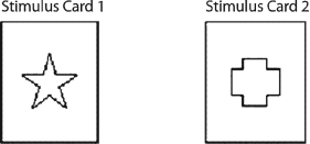<strong>A monkey is taught that food is associated with a stimulus card that has a star on it. After training, the animal receives a lesion to the lateral prefrontal cortex. The monkey's memory for the food-stimulus card association is then tested by presenting the animal with the two stimulus cards diagrammed here. How will the monkey now respond?</strong> A)The monkey will remember the correct response and choose stimulus card 1 to earn a food reward. B)The memory trace left by the training period will be disrupted by the surgery, and the monkey will randomly select among the stimulus cards. C)The monkey will no longer be able to retrieve old memories, even if the representations are intact, and will randomly select among the stimulus cards. D)The monkey will no longer be able to recognize visual patterns and will randomly select among the stimulus cards.