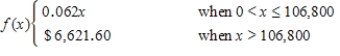 <strong>This piecewise function represents the Social Security taxes for 2009.How much did Rachel pay in Social Security tax if she earned $102,000 in 2009? </strong> A) $6,824.60 B) $6,355.10 C) $6,324.00 D) $6,220.00