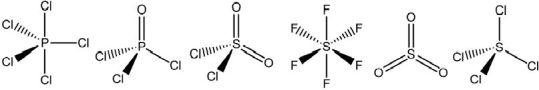 <strong>Which of these molecules have a dipole moment? </strong> A)PCl<sub>5</sub> and SiCl<sub>4</sub> B)POCl<sub>3</sub>, SO<sub>2</sub>Cl<sub>2</sub>, and SO<sub>3</sub> C)POCl<sub>3</sub> and SO<sub>2</sub>Cl<sub>2</sub> D)PCl<sub>5</sub>, POCl<sub>3</sub>, SOCl<sub>2</sub>, SO<sub>3</sub>, and SiCl<sub>4</sub> E)PCl<sub>5</sub>, SF<sub>6</sub>, SO<sub>3</sub>, and SiCl<sub>4</sub>