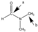Answer the following questions about the bonding in dimethyl formamide.The Lewis structure without nonbonding electrons is shown below. Give the following information for atom a and for atom b: How many electron groups are present, and what is the electron-pair geometry? What is the shape associated with this bonding arrangement? What is its hybridization? How many \sigma and how many \pi bonds has it formed?