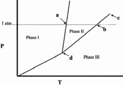 <strong>The temperature at point a in the phase diagram below is the </strong> A)critical point. B)triple point. C)transition point. D)normal freezing point. E)normal boiling point.