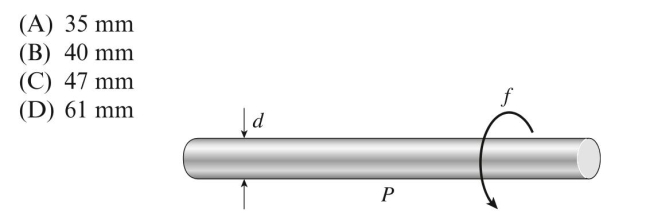 A motor drives a shaft at of power. The allowable shear stress in the shaft is 45 MPa. The minimum Diameter of the shaft is approximately: