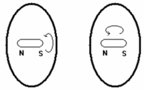 <strong>The sketch below shows a bar magnet in a loop of wire with the bar perpendicular to the plane of the loop. The left-hand side shows the magnet being spun around its long axis while on the right side the magnet is turned end-over-end. Which case creates a larger induced current in the loop? </strong> A) The right-hand side. B) The left-hand side. C) Neither situation produces an induced current. D) The induced current is the same in each case and is not zero.