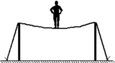 <strong>A circus performer of weight W is walking along a high wire as shown.The tension in the wire is: </strong> A)approximately W B)approximately W/2 C)much less than W D)much more than W E)depends on whether he stands on one or two feet