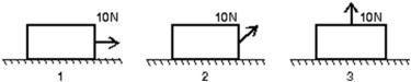 <strong>A crate rests on a horizontal surface and a woman pulls on it with a 10-N force.Rank the situations shown below according to the magnitude of the normal force exerted by the surface on the crate, least to greatest. </strong> A)1, 2, 3 B)2, 1, 3 C)2, 3, 1 D)1, 3, 2 E)3, 2, 1