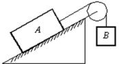 <strong>Block A, with a mass of 10 kg, rests on a 30°incline.The coefficient of kinetic friction is 0.20.The attached string is parallel to the incline and passes over a massless, frictionless pulley at the top.Block B, with a mass of 3.0 kg, is attached to the dangling end of the string.The acceleration of B is: </strong> A)0.20 m/s<sup>2</sup>, up B)0.20 m/s<sup>2</sup>, down C)2.8 m/s<sup>2</sup>, up D)2.8 m/s<sup>2</sup>, down E)0 m/s<sup>2</sup>