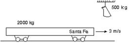 <strong>A 500-kg sack of coal is dropped on a 2000-kg railroad flatcar which was initially moving at 3 m/s as shown.After the sack rests on the flatcar, the speed of the flatcar is: </strong> A)0.6 m/s B)1.2 m/s C)1.8 m/s D)2.4 m/s E)3.6 m/s