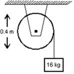 A 16 kg block is attached to a cord that is wrapped around the rim of a flywheel of diameter 0.40 m and hangs vertically, as shown.The rotational inertia of the flywheel is 0.50 kg∙m<sup>2</sup>.When the block is released and the cord unwinds, the acceleration of the block is: