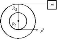 A small disk of radius R<sub>1</sub> is mounted coaxially with a larger disk of radius R<sub>2</sub>.The disks are securely fastened to each other and the combination is free to rotate on a fixed axle that is perpendicular to a horizontal frictionless table top, as shown in the overhead view below.The rotational inertia of the combination is I.A string is wrapped around the larger disk and attached to a block of mass m, on the table.Another string is wrapped around the smaller disk and is pulled with a force as shown.The acceleration of the block is: