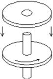 <strong>A wheel, with rotational inertia I, mounted on a vertical shaft with negligible rotational inertia, is rotating with angular speed <sub>0.</sub>A nonrotating wheel with rotational inertia 2I is suddenly dropped onto the same shaft as shown.The resultant combination of the two wheels and shaft will rotate at: </strong> A) <sub>0 </sub>/2 B)2 <sub>0</sub> C) <sub>0</sub> /3 D)3 <sub>0</sub> E) <sub>0 </sub>/4