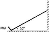 <strong>A uniform ladder is 10 m long and weighs 400 N.It rests with its upper end against a frictionless vertical wall.Its lower end rests on the ground and is prevented from slipping by a peg driven into the ground.The ladder makes a 30 ° angle with the horizontal.The force exerted on the wall by the ladder is: </strong> A)47 N B)74 N C)120 N D)350 N E)460 N