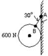 <strong>The 600-N ball shown is suspended on a string AB and rests against the frictionless vertical wall.The string makes an angle of 30 ° with the wall.The line AB goes through the center of the ball, and the contact point with the wall is at the same vertical height as the center of the ball.The magnitude of the tension in the string is: </strong> A)300 N B)520 N C)690 N D)1200 N E)none of these
