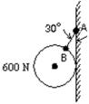 <strong>The 600-N ball shown is suspended on a string AB and rests against the frictionless vertical wall.The string makes an angle of 30 ° with the wall.The line AB goes through the center of the ball, and the contact point with the wall is at the same vertical height as the center of the ball.The ball presses against the wall with a force of magnitude: </strong> A)300 N B)350 N C)520 N D)600 N E)690 N