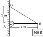 <strong>A 960-N block is suspended as shown.The beam AB is weightless and is hinged to the wall at A.The tension force of the cable BC has magnitude: </strong> A)720 N B)1200 N C)1280 N D)1600 N E)none of these