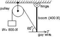 <strong>A 400-N uniform vertical boom is attached to the ceiling by a hinge, as shown.An 800-N weight W and a horizontal guy wire are attached to the lower end of the boom as indicated.The pulley is massless and frictionless.The tension force T of the horizontal guy wire has magnitude: </strong> A)350 N B)400 N C)690 N D)800 N E)1200 N