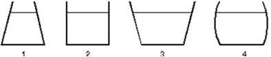 <strong>The vessels shown below all contain water to the same height.Rank them according to the pressure exerted by the water on the vessel bottoms, least to greatest. </strong> A)1, 2, 3, 4 B)3, 4, 2, 1 C)1, 2, 4, 3 D)2, 3, 4, 1 E)All pressures are the same