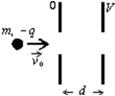 <strong>A particle with mass m and charge -q is projected with speed v<sub>0</sub> into the region between two parallel plates as shown.The potential difference between the two plates is V and their separation is d.The change in kinetic energy of the particle as it traverses this region is: </strong> A)-qV/d B) C)qV D) E)none of these