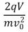 <strong>A particle with mass m and charge -q is projected with speed v<sub>0</sub> into the region between two parallel plates as shown.The potential difference between the two plates is V and their separation is d.The change in kinetic energy of the particle as it traverses this region is: </strong> A)-qV/d B) C)qV D) E)none of these