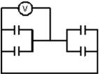  <strong>Each of the four capacitors shown is 500  \mu F.The voltmeter reads 1000V.The magnitude of the charge on each capacitor plate is:  </strong> A)0.2 C B)0.5 C C)20 C D)50 C E)none of these <div style=padding-top: 35px>  