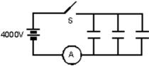  <strong>Each of the three 25- \mu F capacitors shown is initially uncharged.How many coulombs of charge pass through the ammeter A after the switch S is closed?  </strong> A)0.033 C B)0.10 C C)0.30 C D)10 C E)none of these <div style=padding-top: 35px>  