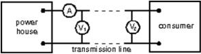 <strong>In the figure, voltmeter V<sub>1</sub> reads 600 V, voltmeter V<sub>2</sub> reads 580 V, and ammeter A reads 100 A.The power wasted in the transmission line connecting the power house to the consumer is: </strong> A)1 kW B)2 kW C)58 kW D)59 kW E)60 kW