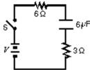 <strong>In the circuit shown, the capacitor is initially uncharged, and V = 10 V.At time t = 0, switch S is closed.If denotes the time constant, the approximate current through the 3 \mu resistor when t = /10 is: </strong> A)0.50 A B)0.75 A C)1.0 A D)1.5 A E)3.0 A