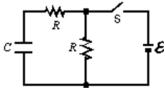 <strong>In the circuit shown, both resistors have the same value R.Suppose switch S is initially closed and capacitor C is charged.When switch S is then opened, the circuit has a time constant <sub>a</sub>.Conversely, suppose S is initially open and capacitor C is uncharged.When switch S is then closed, the circuit has a time constant <sub>b</sub>.The ratio <sub>a</sub>/ <sub>b</sub> is: </strong> A)0.5 B)0.67 C)1 D)1.5 E)2