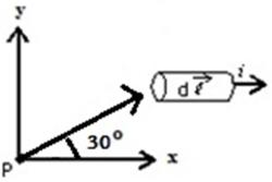 <strong>In the figure, if the current element has a length of 1.0 mm, carries a current of 2.5 A, and is a distance of 4.8 cm from the point P, what is the magnitude of the magnetic field at point P? </strong> A)0 T B)2.6 x 10<sup>-9</sup> T C)5.4 x 10<sup>-8</sup> T D)9.4 x 10<sup>-</sup><sup>8</sup> T E)1.1 x 10<sup>-7</sup> T