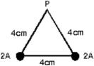 <strong>Two long straight wires pierce the plane of the paper at vertices of an equilateral triangle as shown below.They each carry 2.0 A, out of the paper.The magnetic field at the third vertex (P)has magnitude: </strong> A)5.0* 10<sup>-6</sup> T B)8.7 * 10<sup>-6</sup> T C)1.0 * 10<sup>-5</sup> T D)1.7 * 10<sup>-5</sup> T E)2.0 * 10<sup>-5</sup> T